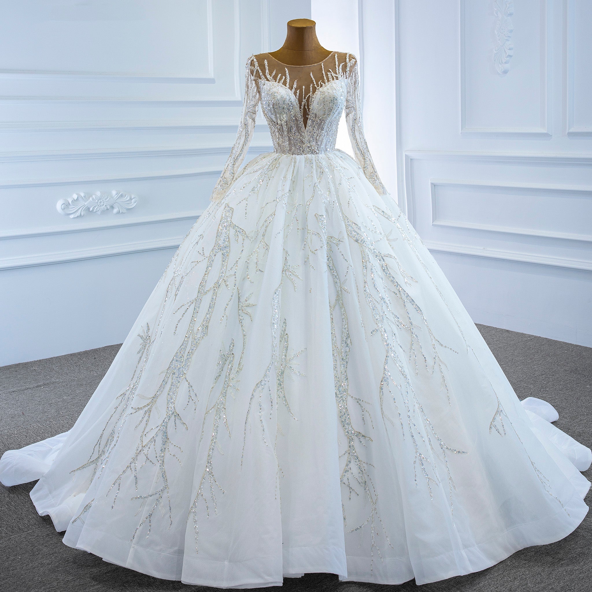 Beaded Sparkly Arabric Wedding Dress with Long Sleeve Ball Gown - Rosymae