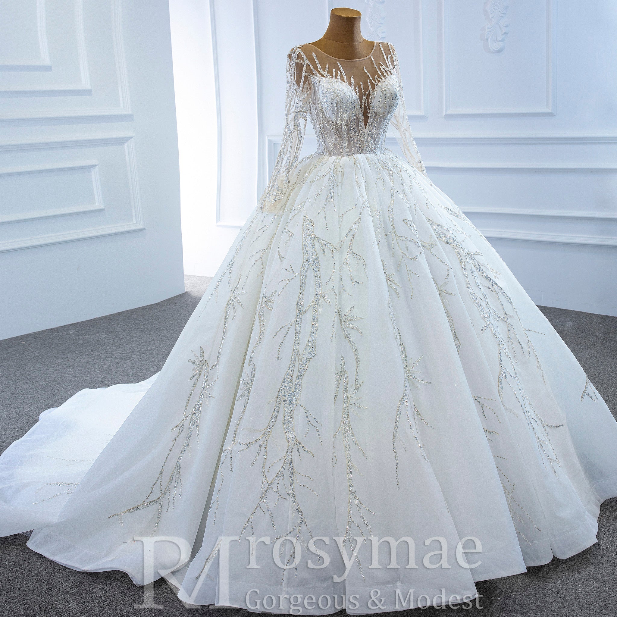 Beaded Sparkly Arabric Wedding Dress with Long Sleeve Ball Gown - Rosymae