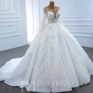 Beaded Sparkly Arabric Wedding Dress with Long Sleeve Ball Gown - Rosymae