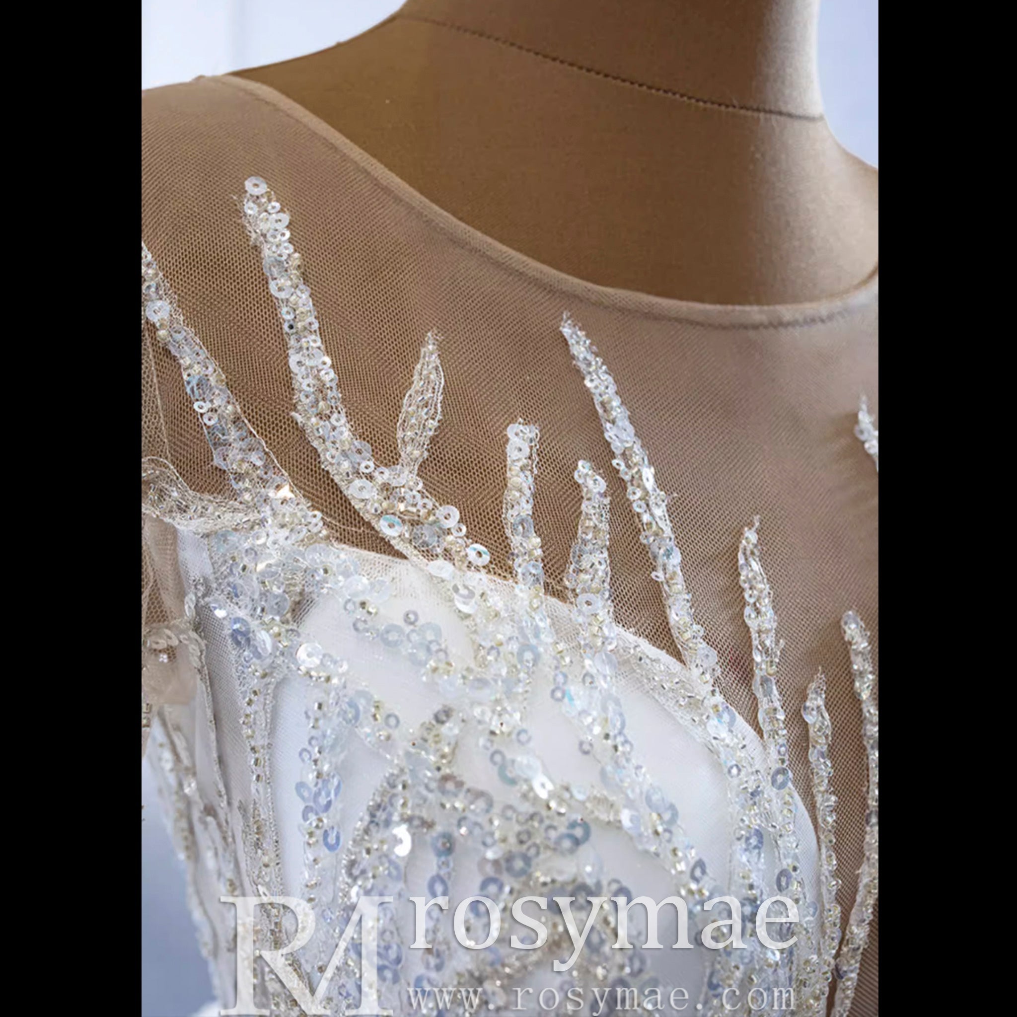 Beaded Sparkly Arabric Wedding Dress with Long Sleeve Ball Gown - Rosymae