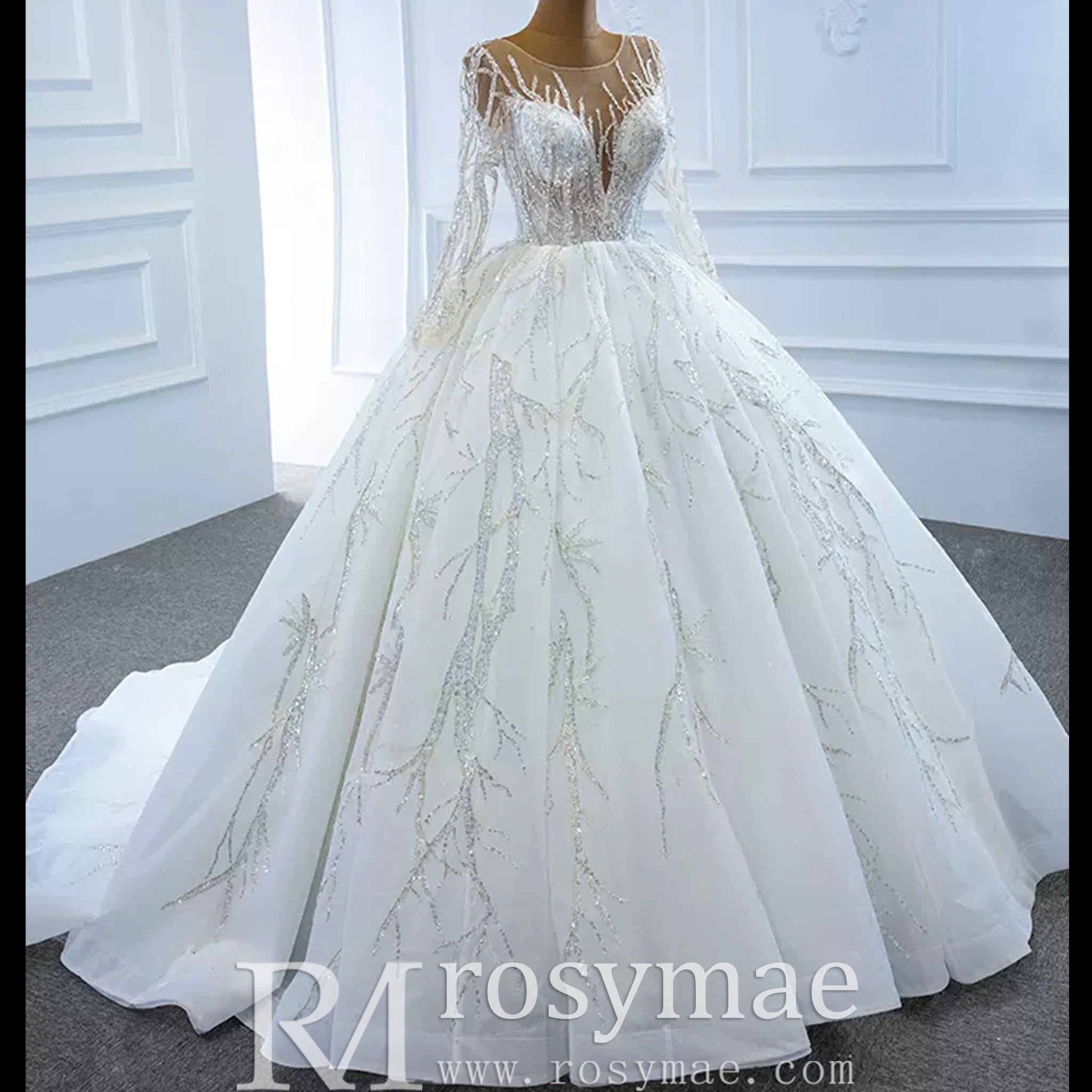 Beaded Sparkly Arabric Wedding Dress with Long Sleeve Ball Gown - Rosymae