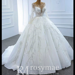 Beaded Sparkly Arabric Wedding Dress with Long Sleeve Ball Gown - Rosymae
