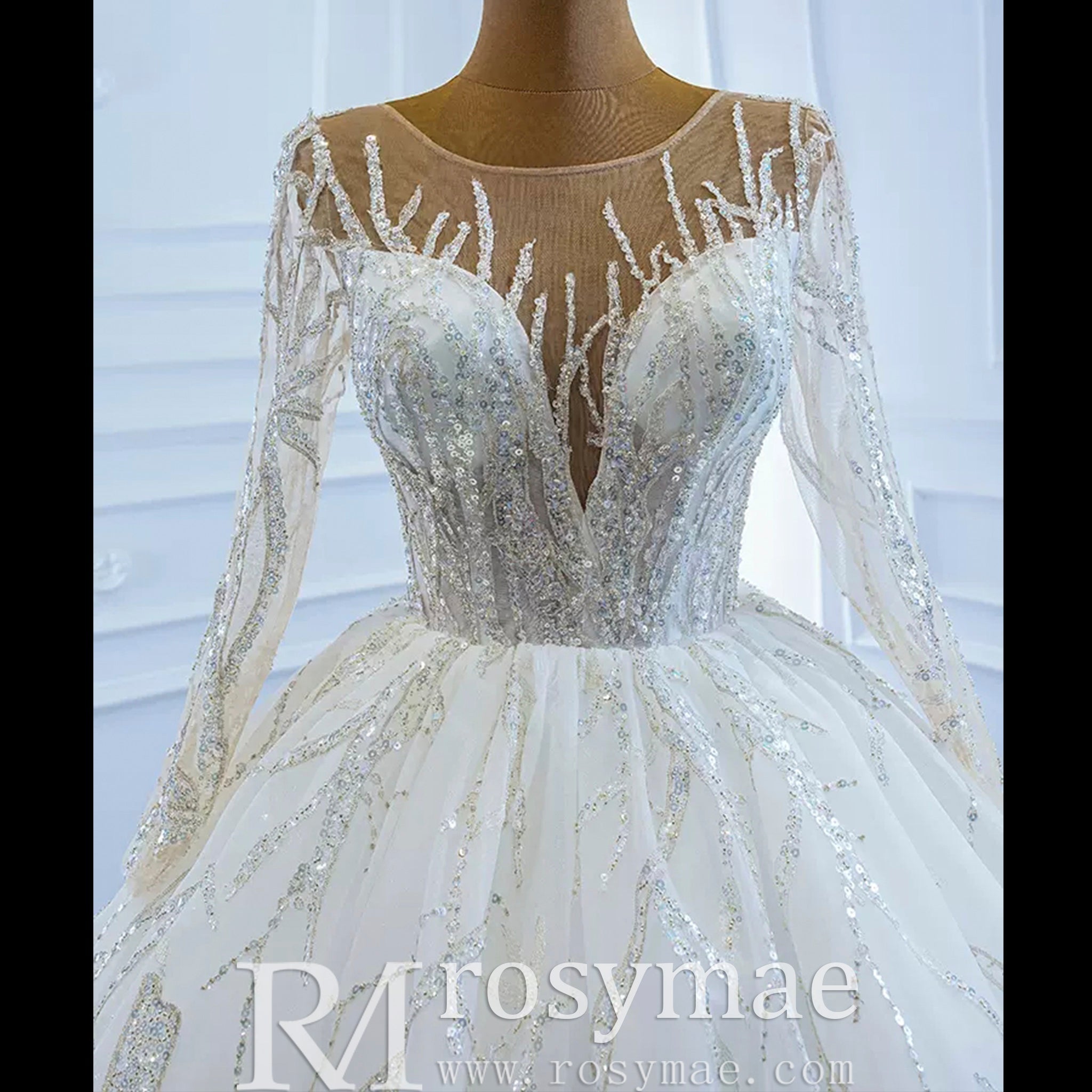 Beaded Sparkly Arabric Wedding Dress with Long Sleeve Ball Gown - Rosymae