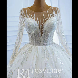 Beaded Sparkly Arabric Wedding Dress with Long Sleeve Ball Gown - Rosymae