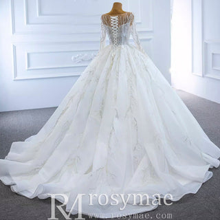 Beaded Sparkly Arabric Wedding Dress with Long Sleeve Ball Gown - Rosymae