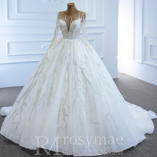 Beaded Sparkly Arabric Wedding Dress with Long Sleeve Ball Gown - Rosymae