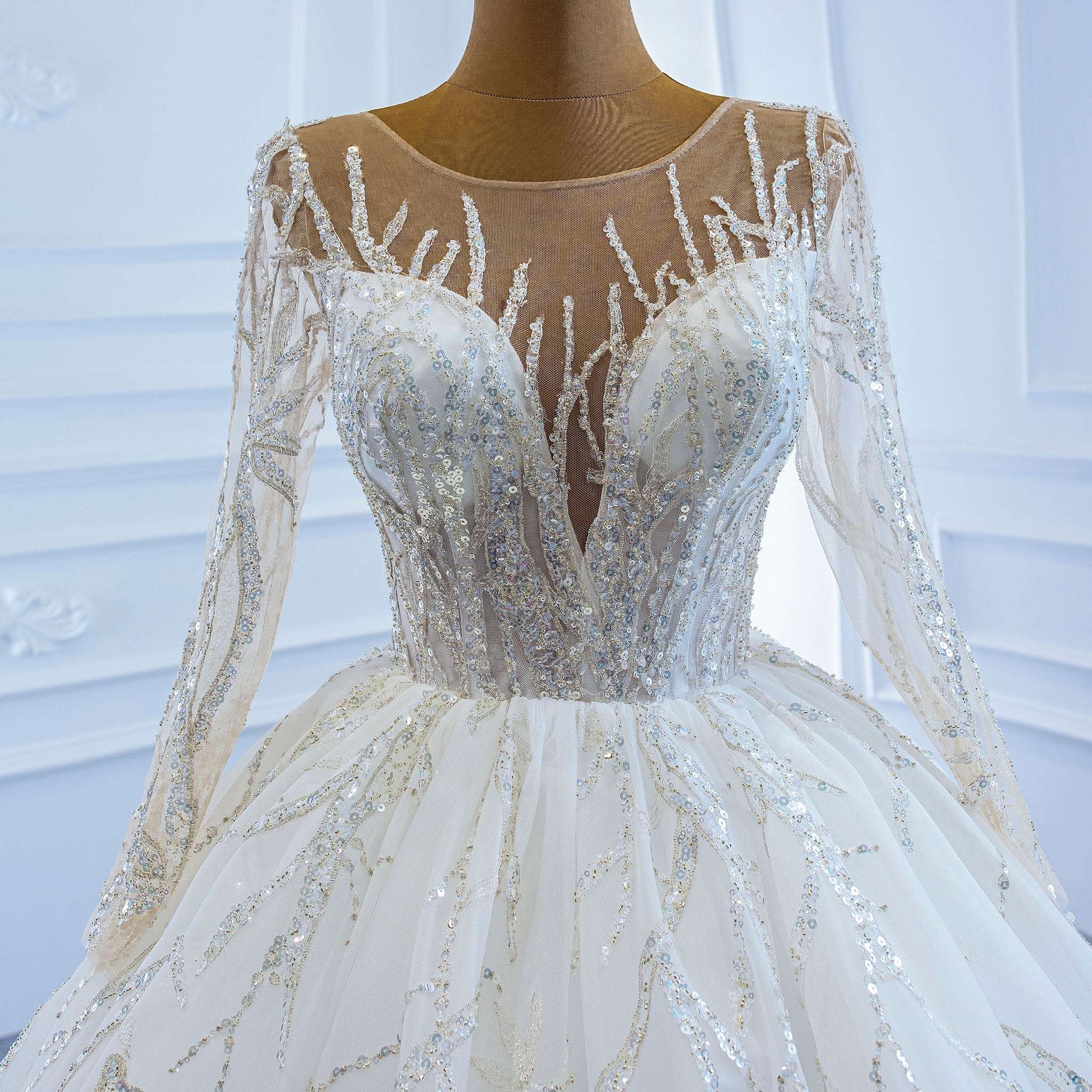 Beaded Sparkly Arabric Wedding Dress with Long Sleeve Ball Gown - Rosymae