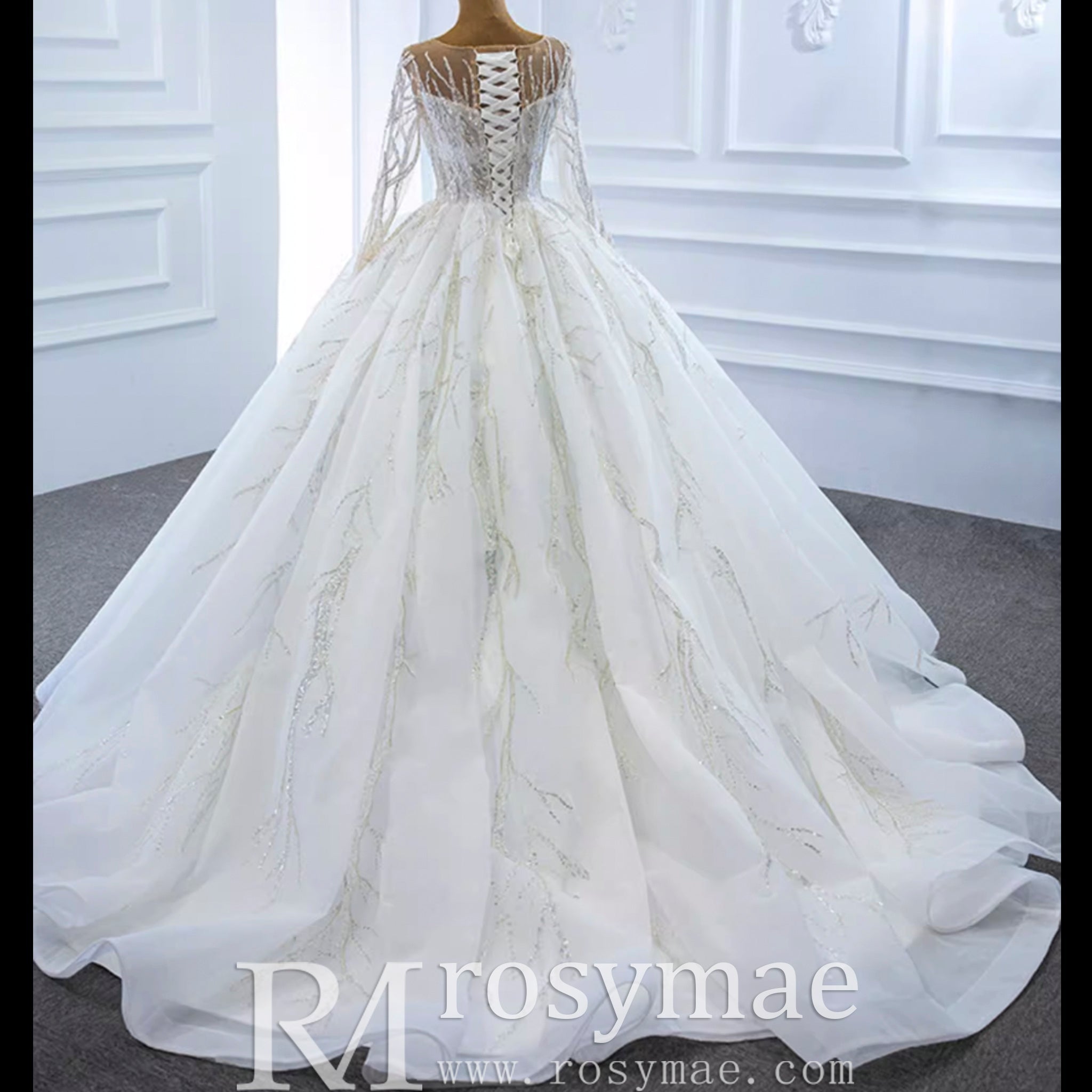 Beaded Sparkly Arabric Wedding Dress with Long Sleeve Ball Gown - Rosymae