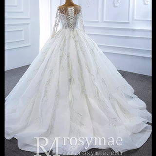 Beaded Sparkly Arabric Wedding Dress with Long Sleeve Ball Gown - Rosymae