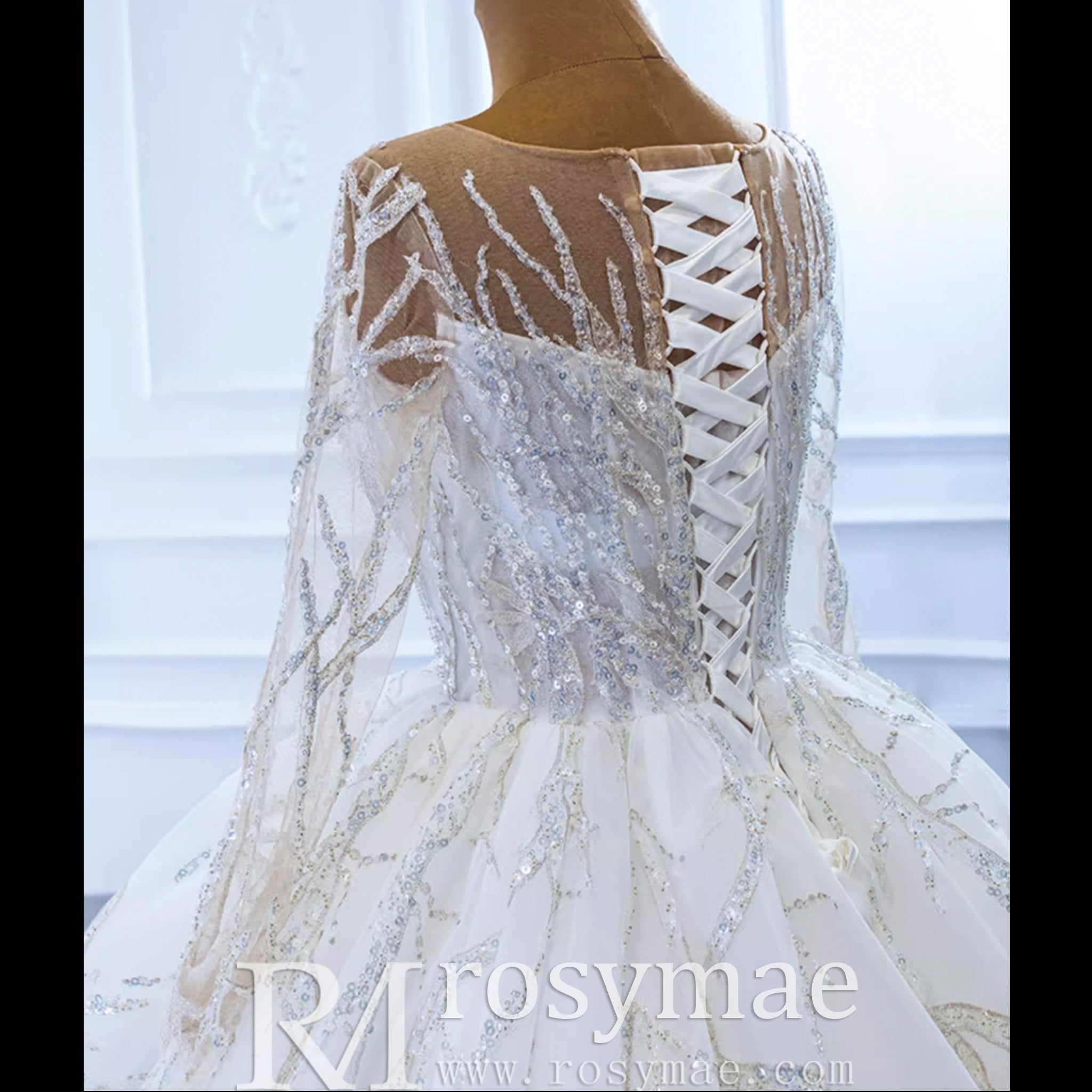 Beaded Sparkly Arabric Wedding Dress with Long Sleeve Ball Gown - Rosymae