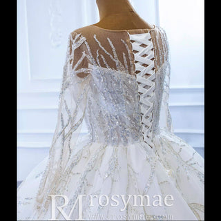 Beaded Sparkly Arabric Wedding Dress with Long Sleeve Ball Gown - Rosymae