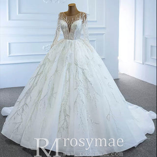 Beaded Sparkly Arabric Wedding Dress with Long Sleeve Ball Gown - Rosymae