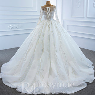 Beaded Sparkly Arabric Wedding Dress with Long Sleeve Ball Gown - Rosymae