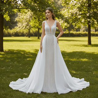 Beaded Sparkly Mermaid Wedding Dress with Detachable Skirt - Rosymae