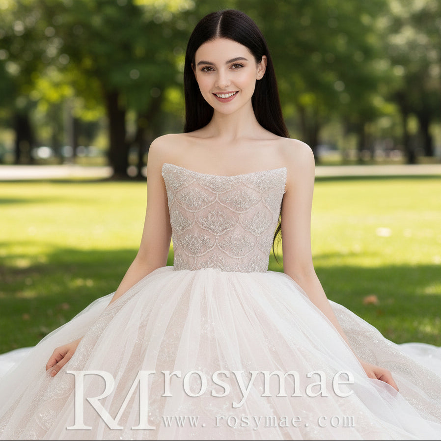 Strapless Boat Neck Sparkly Wedding Dress with Puffy Skirt As Picture / 0 Strapless Boat Neck Sparkly Wedding Dress with Puffy Skirt As Picture / 0