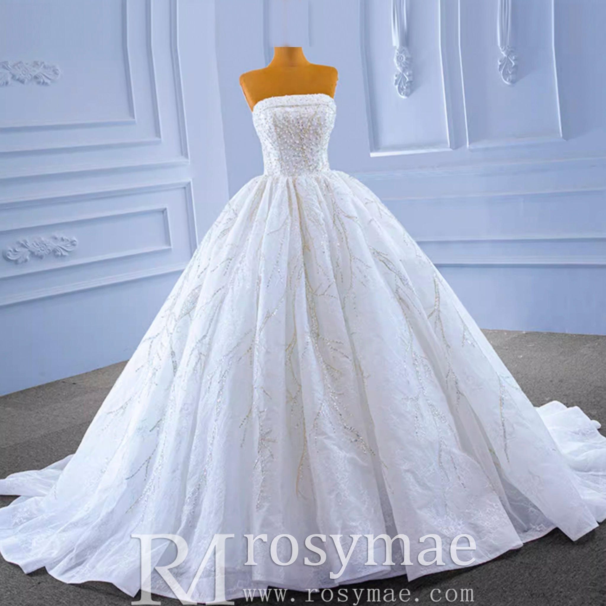 Beaded Strapless Lace Ball Gown Puffy Wedding Dress - Rosymae