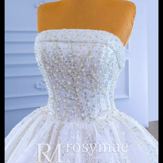 Beaded Strapless Lace Ball Gown Puffy Wedding Dress - Rosymae