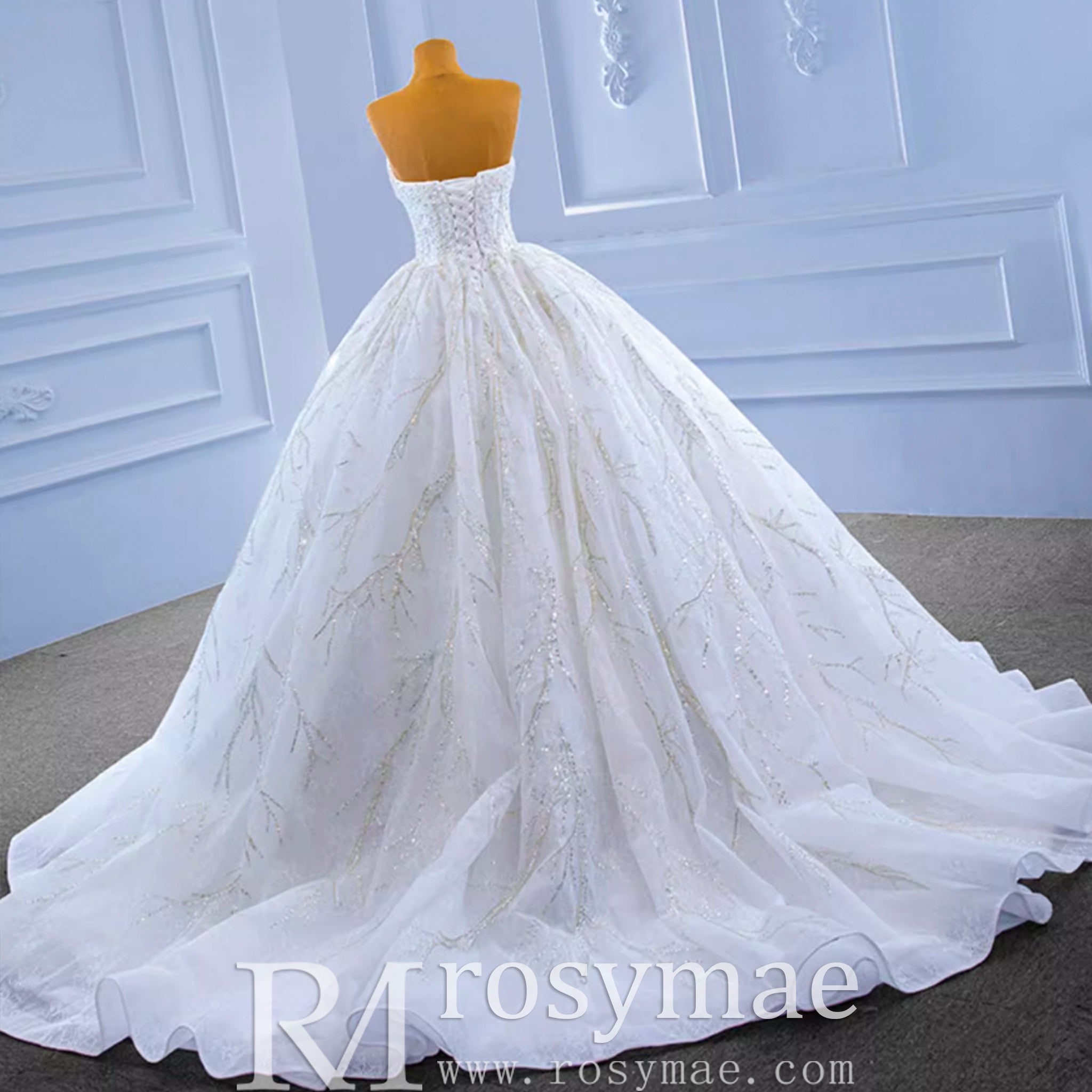 Beaded Strapless Lace Ball Gown Puffy Wedding Dress - Rosymae