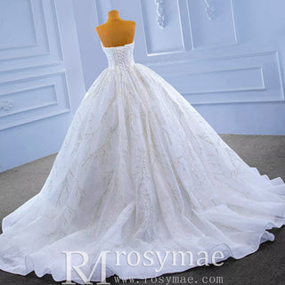 Beaded Strapless Lace Ball Gown Puffy Wedding Dress - Rosymae