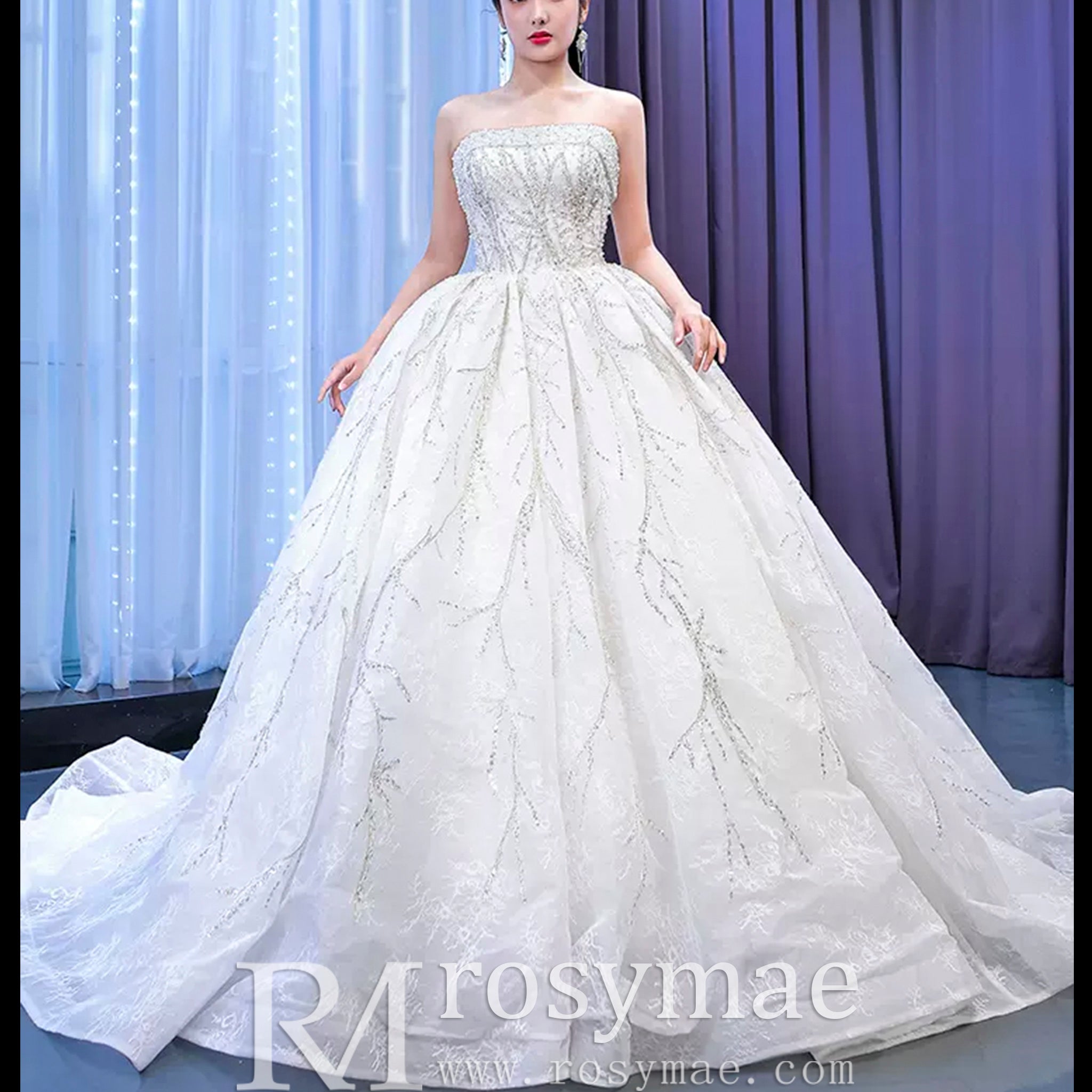 Beaded Strapless Lace Ball Gown Puffy Wedding Dress - Rosymae