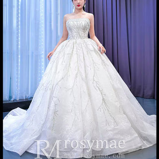 Beaded Strapless Lace Ball Gown Puffy Wedding Dress - Rosymae