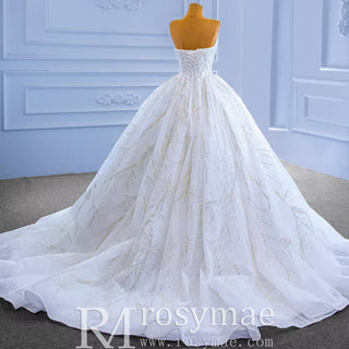 Beaded Strapless Lace Ball Gown Puffy Wedding Dress - Rosymae
