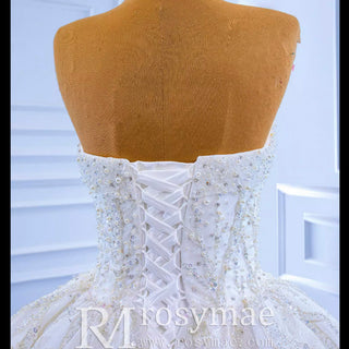 Beaded Strapless Lace Ball Gown Puffy Wedding Dress - Rosymae