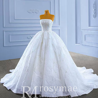 Beaded Strapless Lace Ball Gown Puffy Wedding Dress - Rosymae