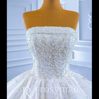Beaded Strapless Lace Ball Gown Puffy Wedding Dress - Rosymae