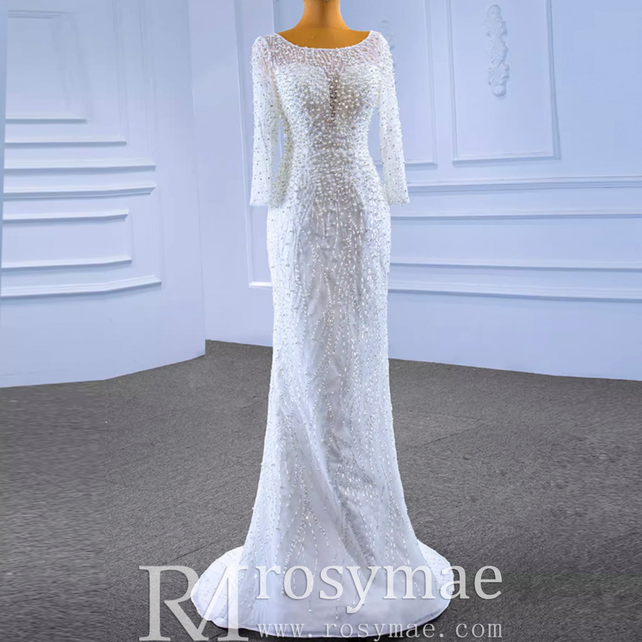 Beading Long Sleeve Wedding Dress with Detachable Skirt - Rosymae