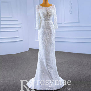 Beading Long Sleeve Wedding Dress with Detachable Skirt - Rosymae