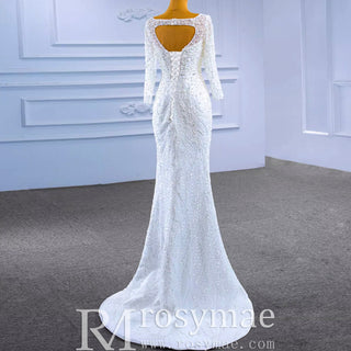 Beading Long Sleeve Wedding Dress with Detachable Skirt - Rosymae