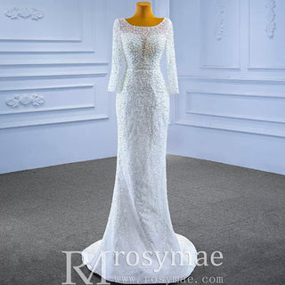 Beading Long Sleeve Wedding Dress with Detachable Skirt - Rosymae