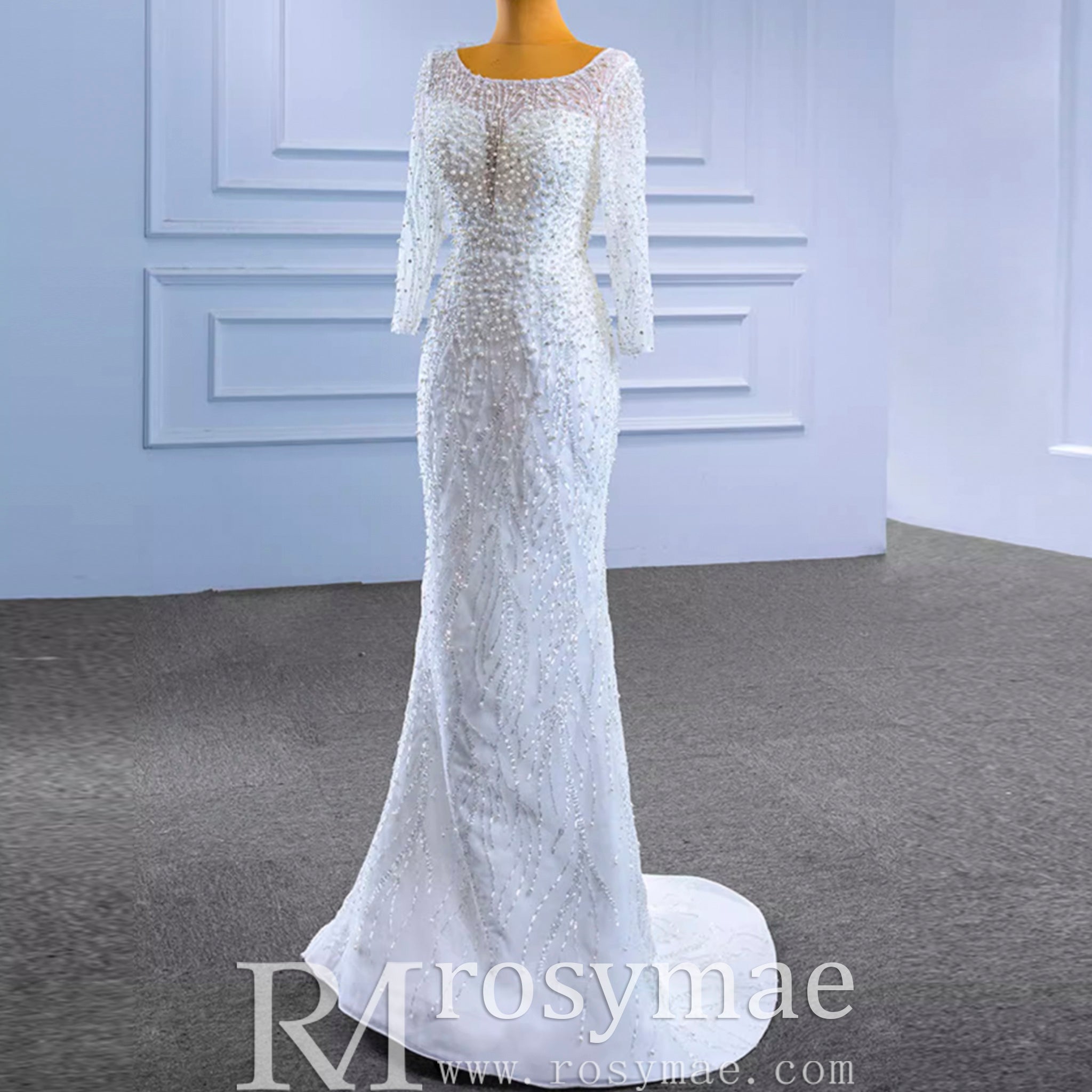 Beading Long Sleeve Wedding Dress with Detachable Skirt - Rosymae