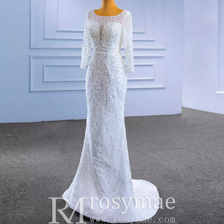 Beading Long Sleeve Wedding Dress with Detachable Skirt - Rosymae