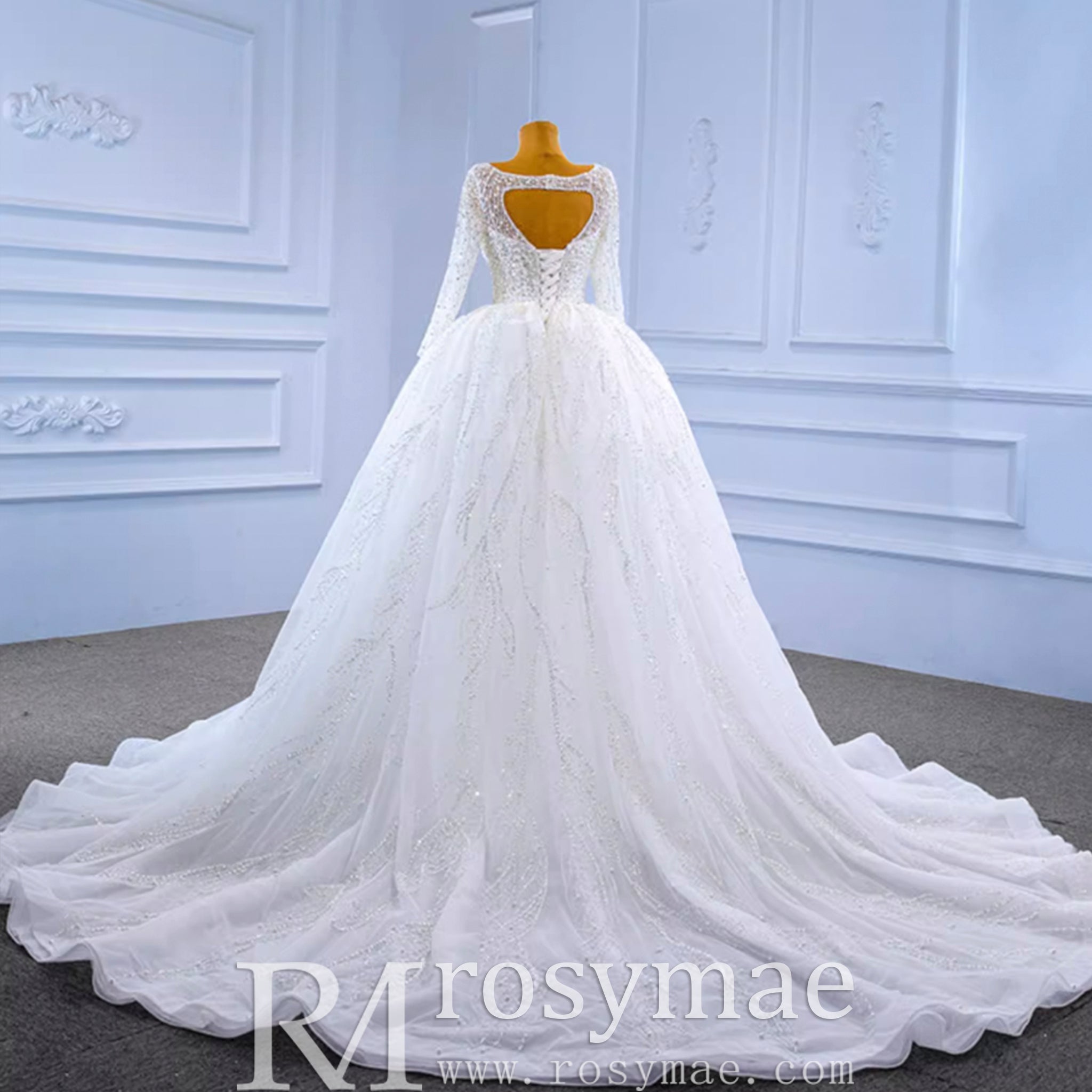 Beading Long Sleeve Wedding Dress with Detachable Skirt - Rosymae