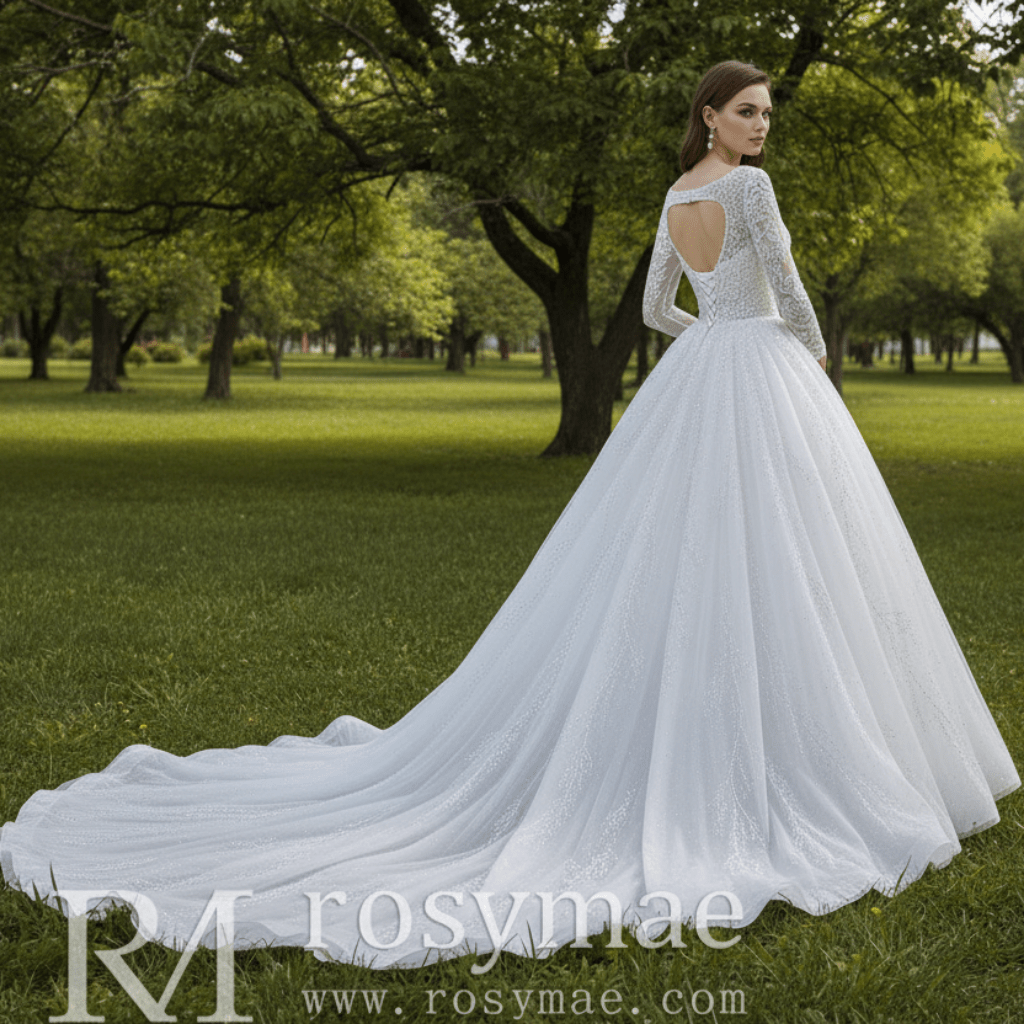 Beading Long Sleeve Wedding Dress with Detachable Skirt - Rosymae