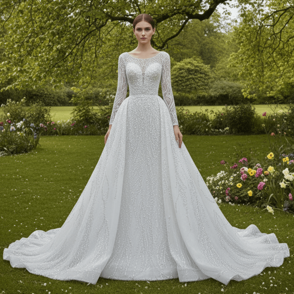 Beading Long Sleeve Wedding Dress with Detachable Skirt - Rosymae