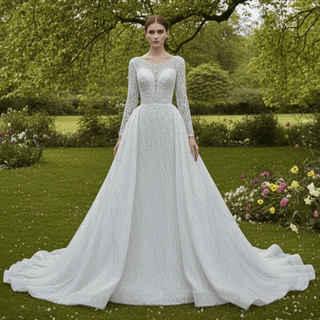 Beading Long Sleeve Wedding Dress with Detachable Skirt - Rosymae