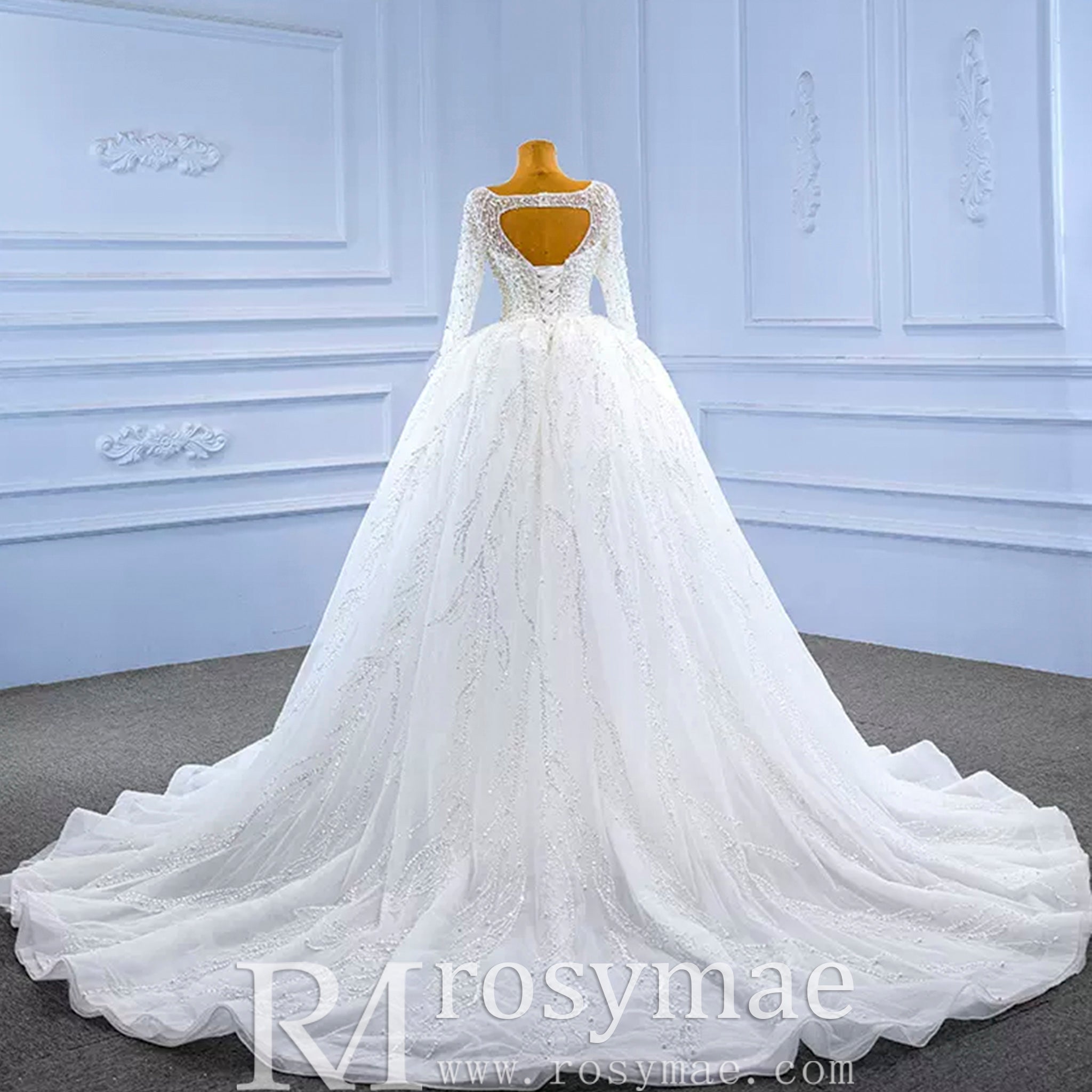 Beading Long Sleeve Wedding Dress with Detachable Skirt - Rosymae