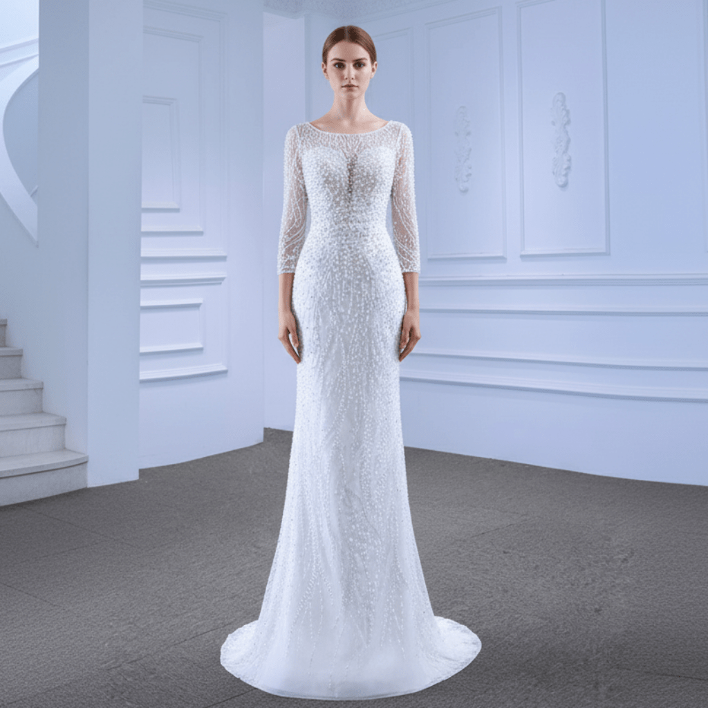 Beading Long Sleeve Wedding Dress with Detachable Skirt - Rosymae