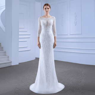 Beading Long Sleeve Wedding Dress with Detachable Skirt - Rosymae