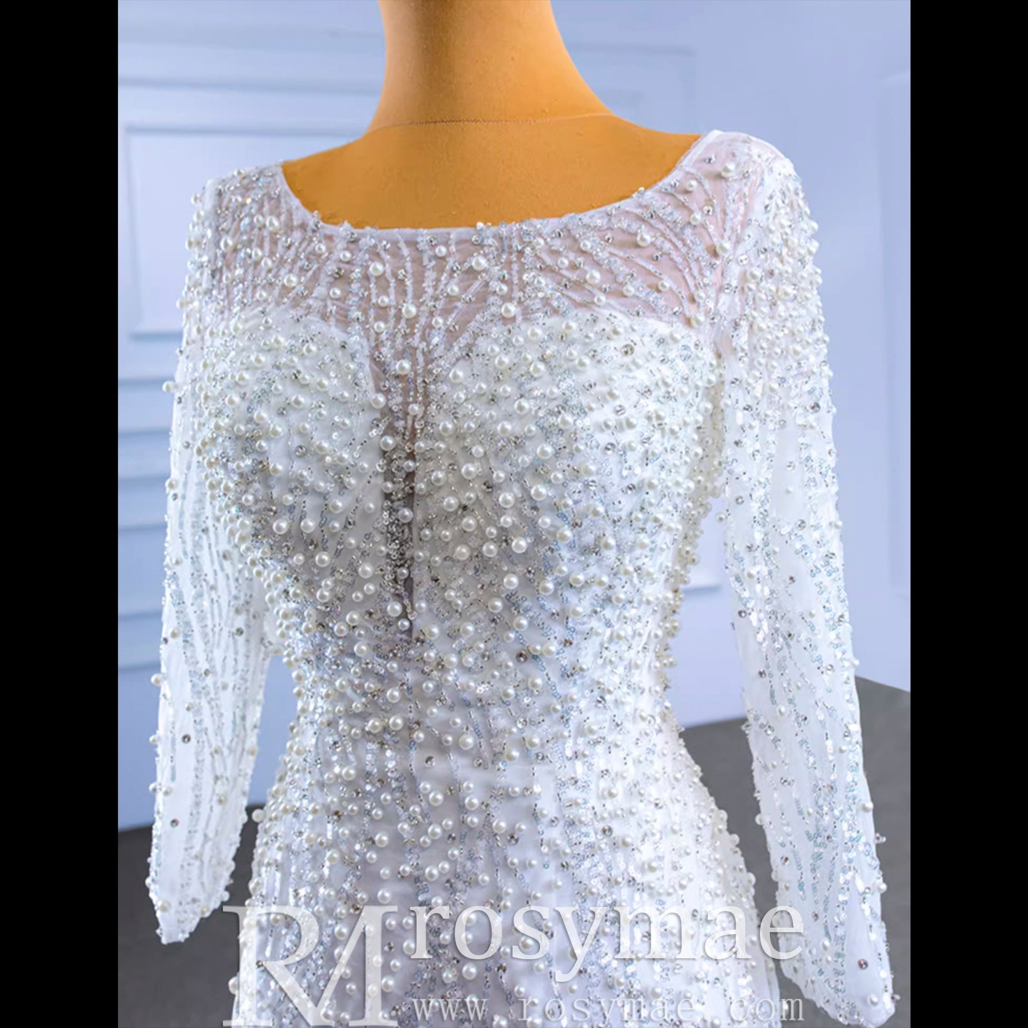 Beading Long Sleeve Wedding Dress with Detachable Skirt - Rosymae