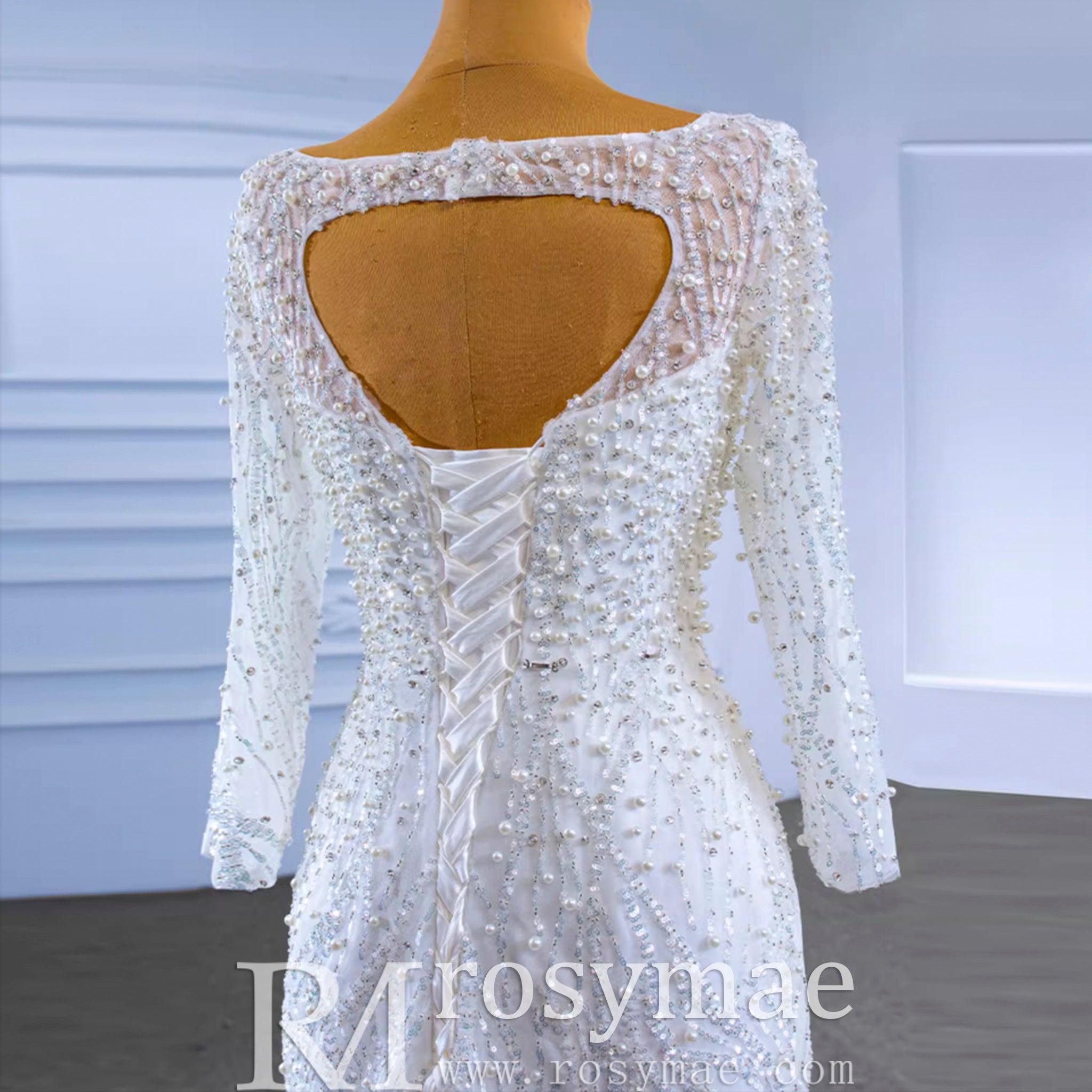 Beading Long Sleeve Wedding Dress with Detachable Skirt - Rosymae