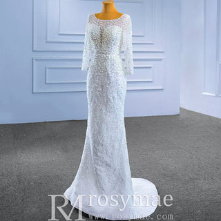 Beading Long Sleeve Wedding Dress with Detachable Skirt - Rosymae