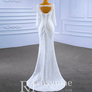 Beading Long Sleeve Wedding Dress with Detachable Skirt - Rosymae