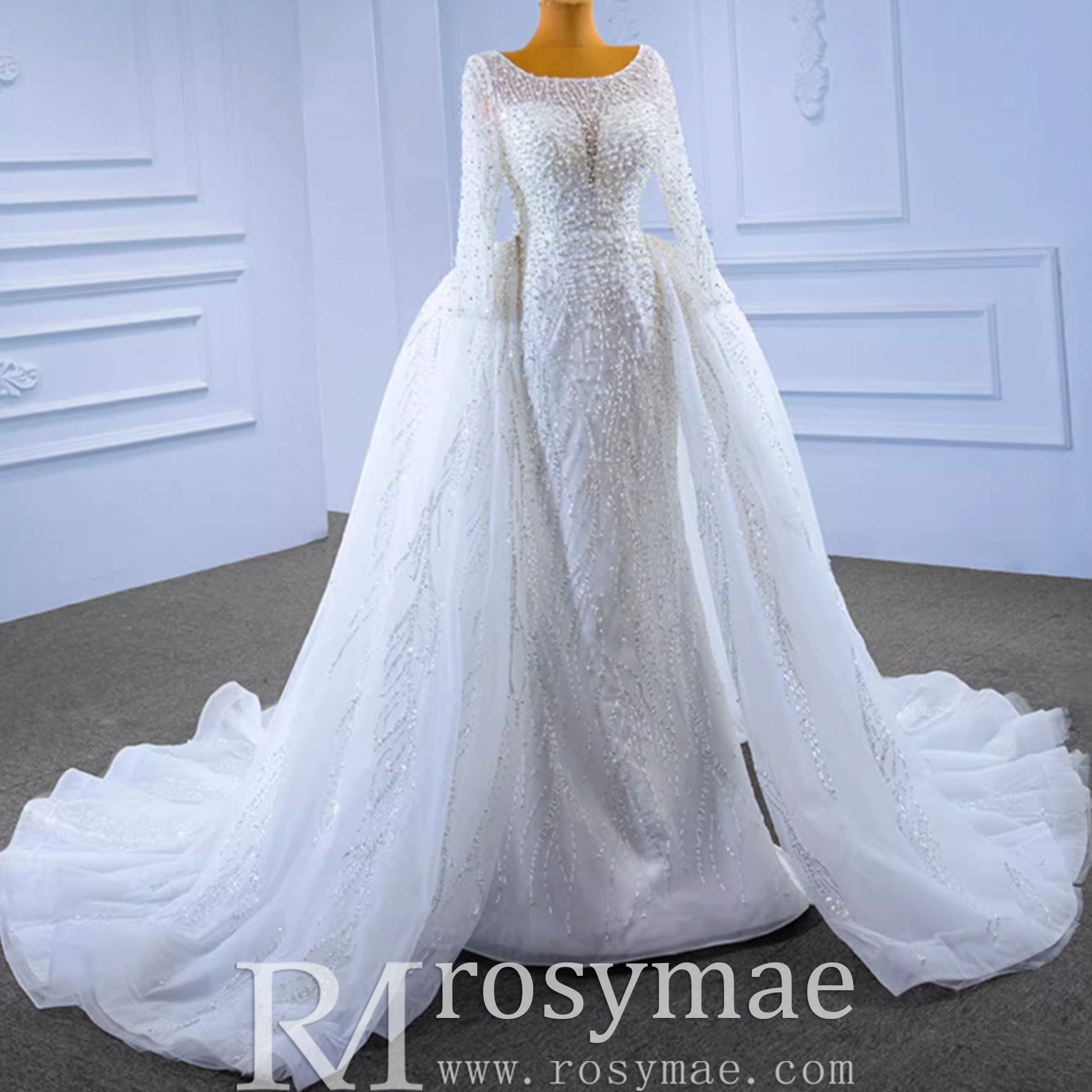 Beading Long Sleeve Wedding Dress with Detachable Skirt - Rosymae