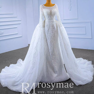 Beading Long Sleeve Wedding Dress with Detachable Skirt - Rosymae