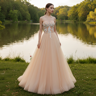 Classic Sweetheart Tulle A Line Wedding Dresses in Nude Color