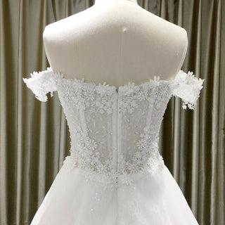 Best Off the Shoulder Sheer Bodice A Line Lace Wedding Dress - Rosymae
